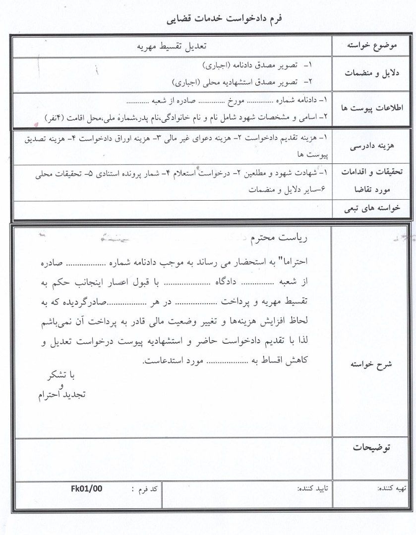 نمونه دادخواست تعدیل مهریه